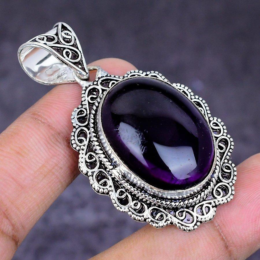Natural Sage Amethyst Gemstone 925 Sterling Silver Jewelry Pendant 2.05" ETC-14616