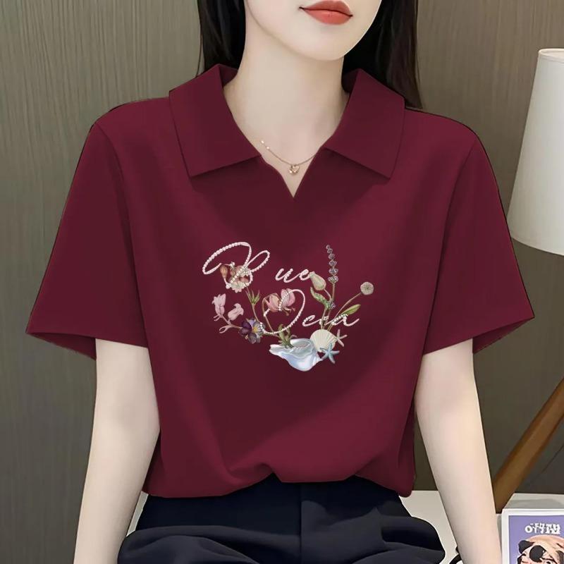 

Women s Polo Collar Floral Print Short Sleeve T-Shirt M красный