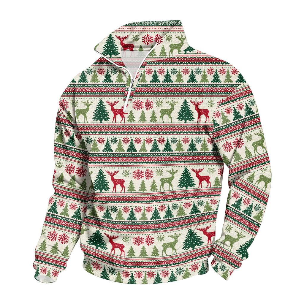 Men's Sweatshirt with Stand Collar Christmas Print Pullover for Casual Wear