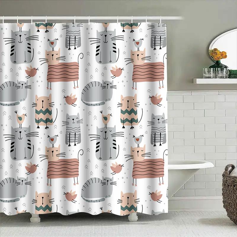 Adorable Cartoon Cat Bird Print Shower Curtain Waterproof Fabric Home Decor For Bathroom Accessories In Various Sizes!