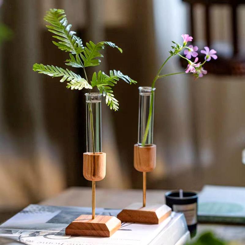 1Pc Flower Pot Durable Plant Transparent Wooden Stand Creative Vase Test Tube Hydroponic