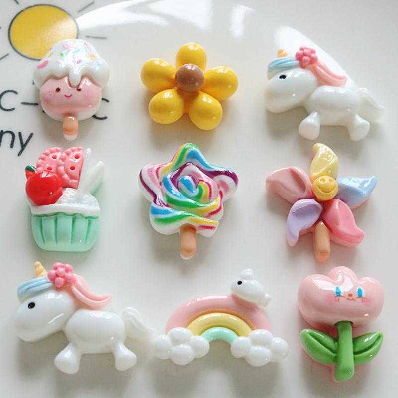 10 Pcs New Mini Cute Cartoon Unicorn, Rainbow, Ice Cream Resin Scrapbook Diy Jewellery Hairpin Decorate Accessories Craft A62