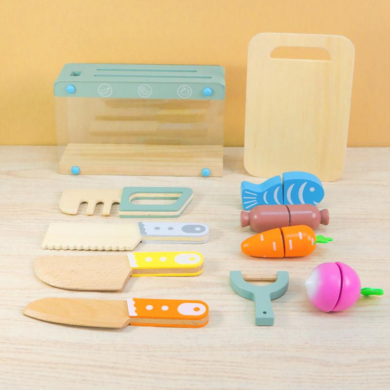 Children's Wooden Simulation Kitchen Supplies Cutter Cutting Board Fruit And Vegetable Cutting Play Home Wooden Kitchenware Suit Toys