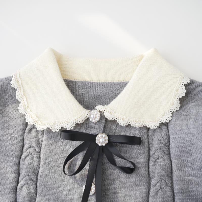 Süßer Babydoll Damen Pullover Top Damen Knopfleiste Cardigan Eleganter Rollkragen Strickware Langarm Schleife Gebundenes Oberteil Herbst