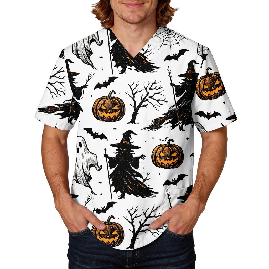 Men V Neck Printed Scrub Top with Pockets Short Sleeve Halloween Themed Comfortable Fit Lightweight Fabric