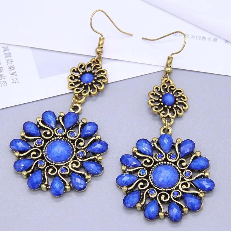 Vintage Ethnic Sun Flower Dangle Earrings For Women Boho Colorful Rhinestone Acrylic Hollow Round Earring Female Jewelry