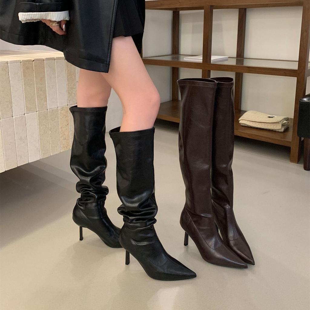 Brown High Heel Over Knee Pile Long Boots Women's Shoes 2025 New Autumn and Winter Pointed Skinny Knight Boots
