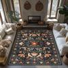 Dark Background Floral Bird Rug, Bohemian Garden Pattern Non-Slip Carpet, Orange Accent Living Room Mat for Home Decor