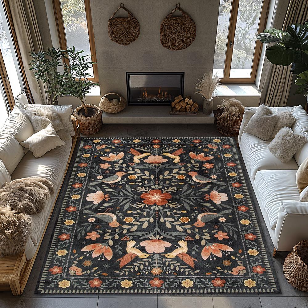 Dark Background Floral Bird Rug, Bohemian Garden Pattern Non-Slip Carpet, Orange Accent Living Room Mat for Home Decor