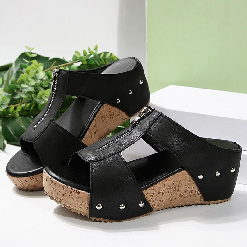 Summer New Cross-border Foreign Trade Thick Bottom Slope Heel Fish Mouth Front Zipper Large Size Women's Rivets Open-toed Slippers Women