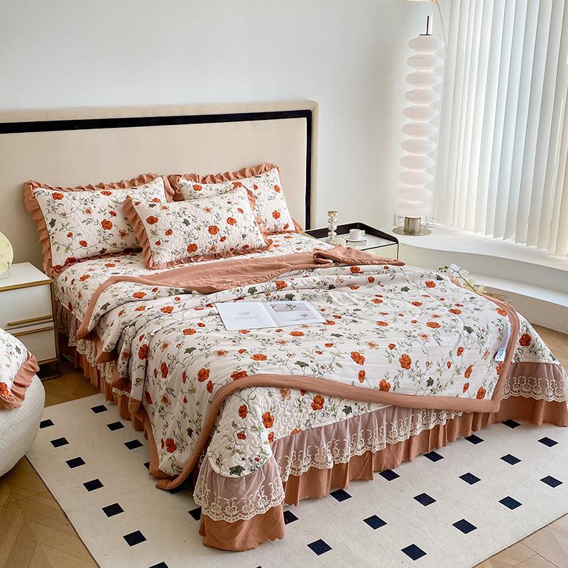 Washed Cotton And Linen Summer Cooler Comforter Bed Cover 4 Piece Set Moisture Absorbing Breathable Blanket Bed Sheet 4 Piece Set