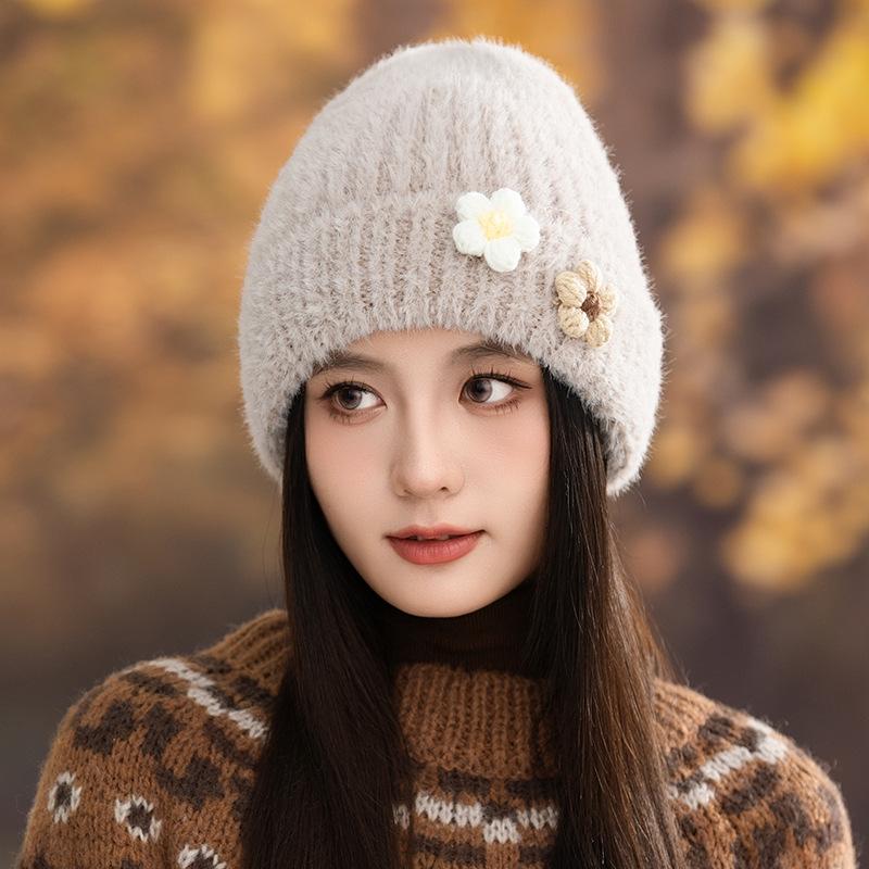 Autumn and Winter Hats for Women Thickened and Warm Flowers  Knitted Wool Hat Korean Baotou Hat  Outdoor Cold Protection Hat