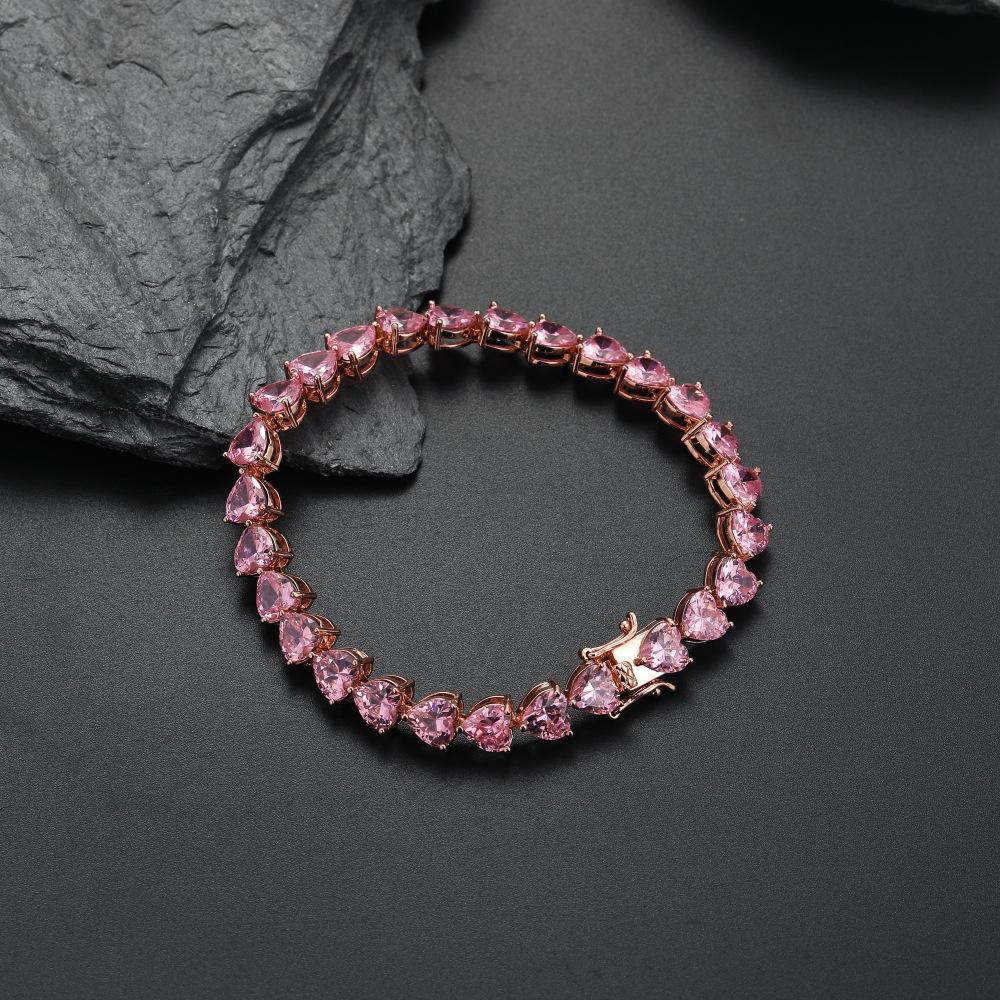 Tennis chain 7mm three-claw heart-shaped men's tennis bracelet, hip-hop rose gold single-row chain