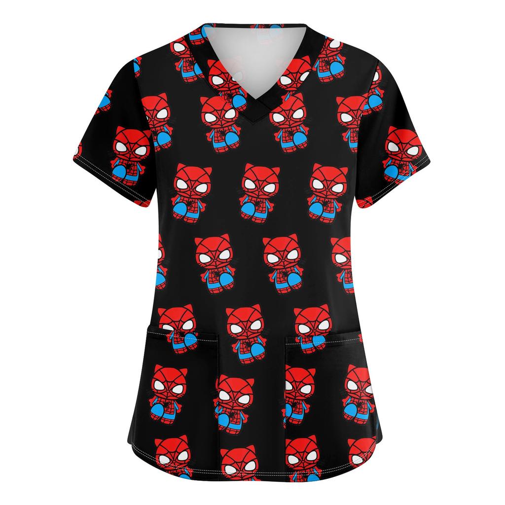 Women's Fashion V-neck Short Sleeve Workwear With Pockets Printed Tops