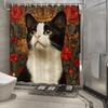 1 Stück Elegante Schwarz-Weiß-Katzenkunst Duschvorhang mit Grünen Augen - Vintage Florales Rahmendesign, Polyestergewebe, 12 Haken