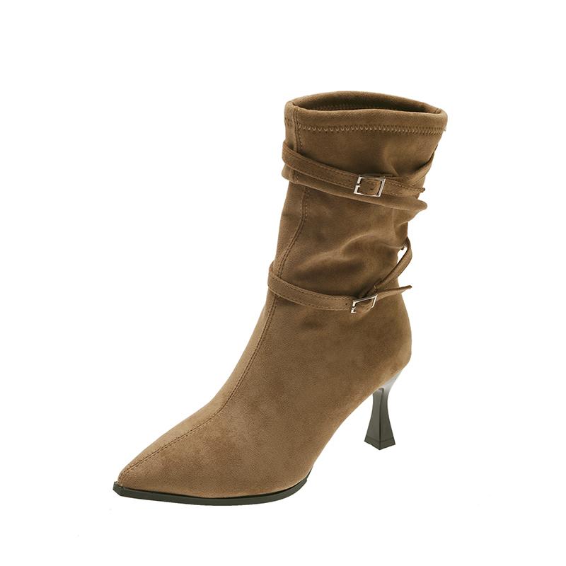 French Stiletto Booties  Retro Fashion Pointed Toe Paneled Suede Buckle Non-Slip High Heel Skinny Shoes