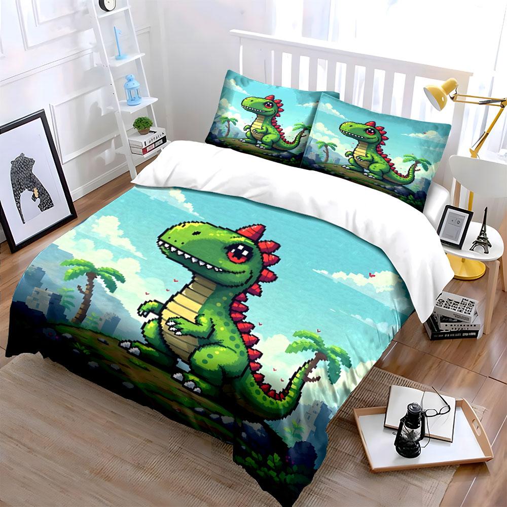 Cute Pixel Art Green Dinosaur Bedding Duvet Cover Set (1*Duvet Cover 2*Pillowcases, Without Duvet Insert)