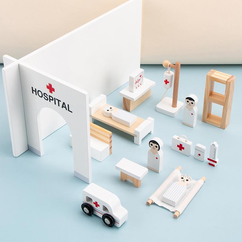 Conjunto de Brinquedo de Casa de Brincar de Simulação de Madeira para Crianças Hospital Role Play Doutor Jardim de Infância Educação Infantil Interação Pai-filho