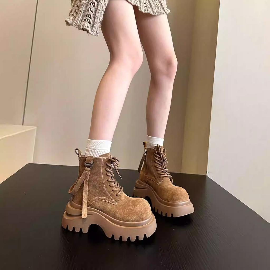 Leather platform Martin boots women's 2025 autumn and winter new British style small man height increase non-slip big yellow boots locomotive boots