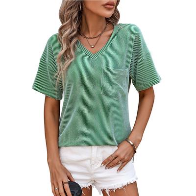 V-neck Solid Color Short Sleeved Loose Pocket Women's T-shirts