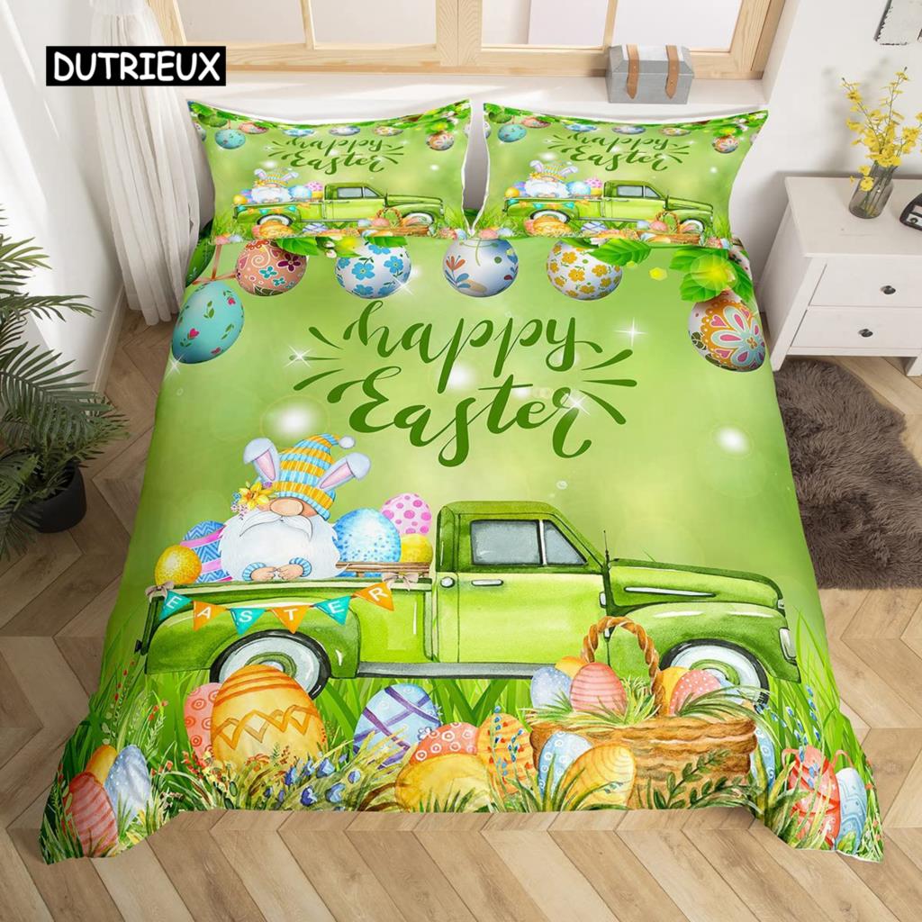 Easter Rabbit Tail Comforter Cover Pastel Pink Tulip Flowers Duvet Cover Twin Easter Eggs Kawaii Animal Bedding Set Easter Decor