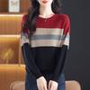 Spring and Autumn Knitted Base Layer Round-neck Color-blocking Striped Long-sleeved Top Loose and Belt-covering Thin Wool Sweater