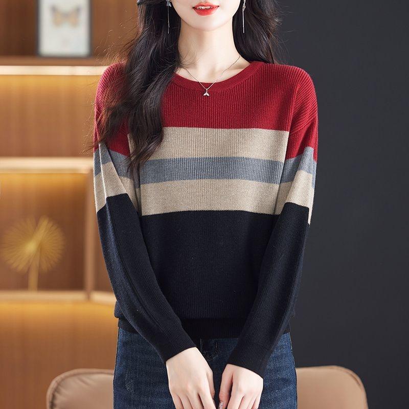 Spring and Autumn Knitted Base Layer Round-neck Color-blocking Striped Long-sleeved Top Loose and Belt-covering Thin Wool Sweater