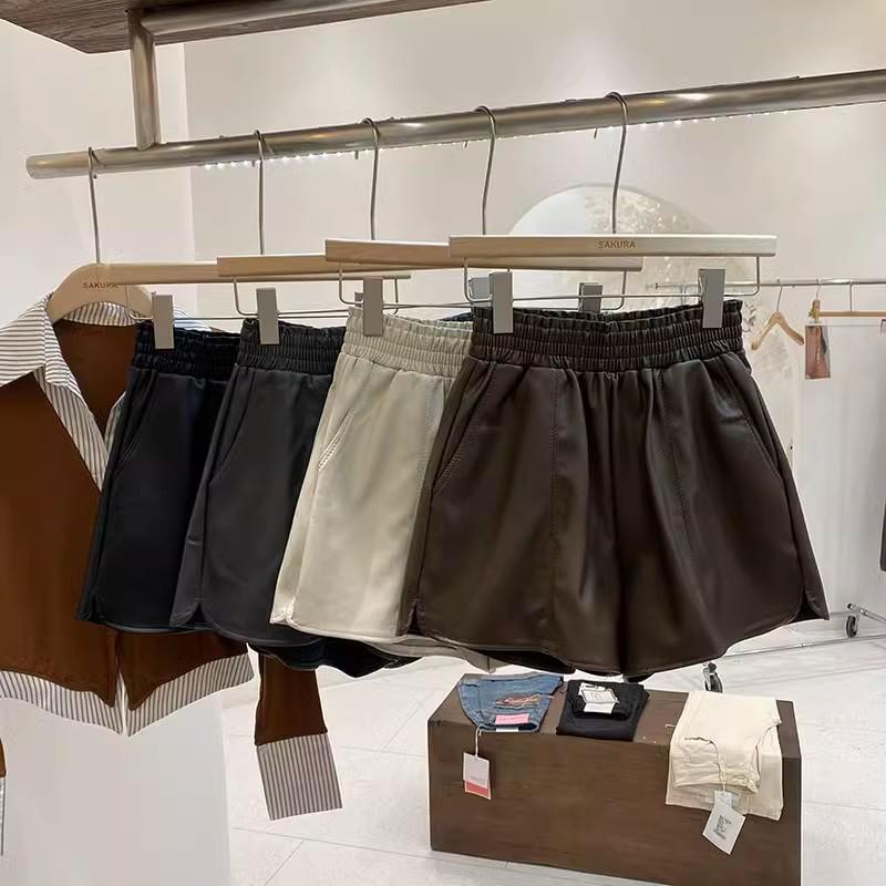 

Women s PU Leather High Waist Wide-Leg A-Line Shorts - Slimming Elastic Waist, Petite Size, Spring/Autumn Bootcut Style Small кофейный