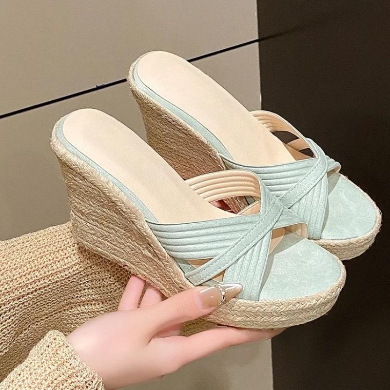 Women's Wedge Slippers Summer New Round Head Open Toe Cross with Waterproof Platform Non-slip High Heels