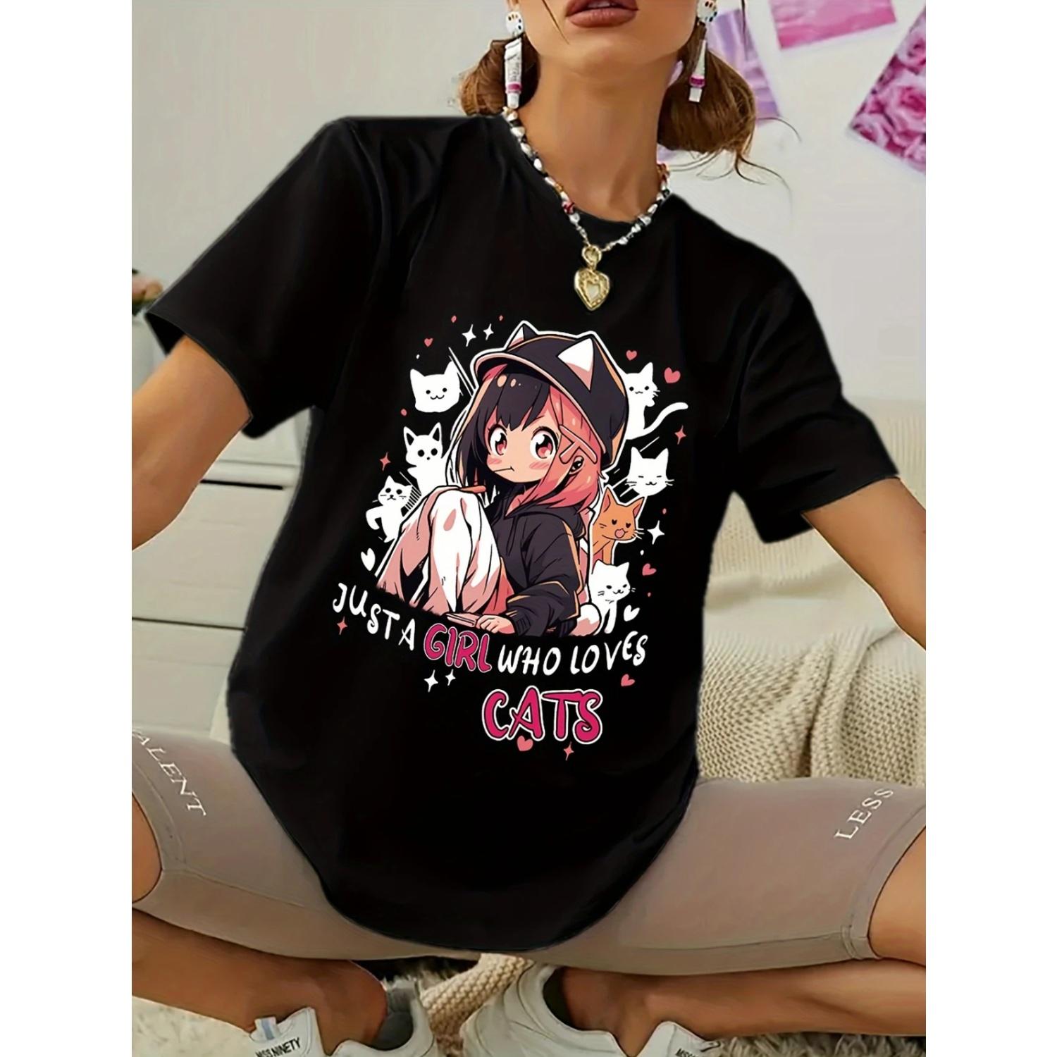 

Cats Girl Anime Print T-shirt Casual Short Sleeve Crew Neck Top For Spring Summer Women s Clothing S чёрный