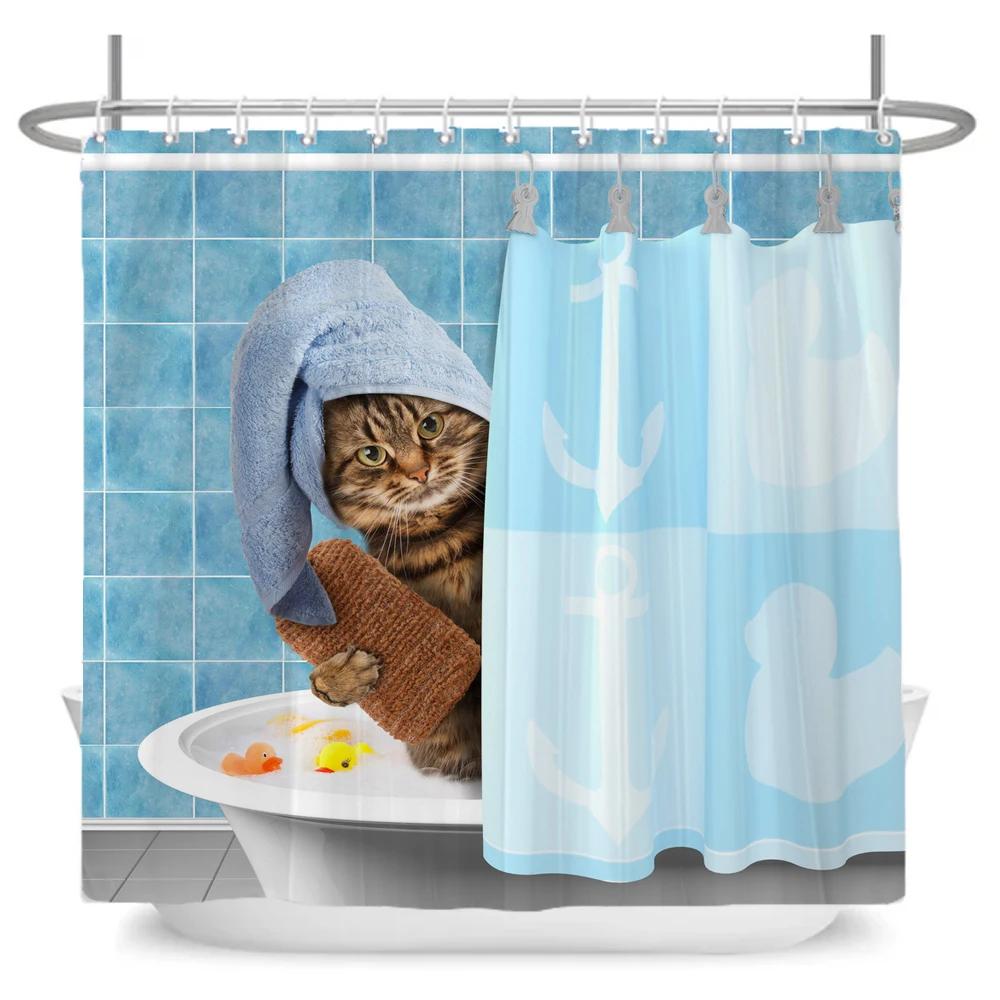 Funny Cute Cartoon Bathing Cat Dog Shower Curtains Bathroom Bathtub Decoration Waterproof Bath Curtain Home Decor with Hooks