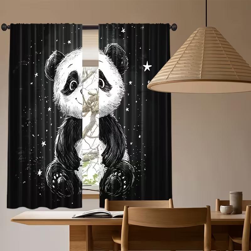2PC Black & White Panda Curtains - Cute Cartoon Starry Print Window Drapes for Kids Bedroom Nursery Decor