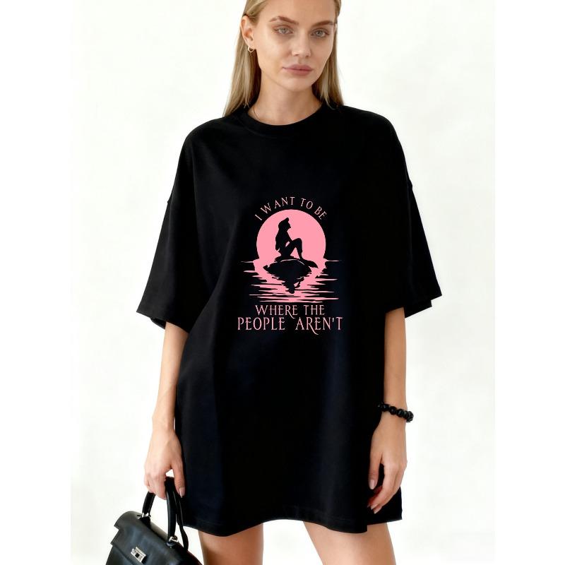

Oversized T-Shirt Black Wolf Silhouette Pink Moon And Water Reflection I Want To Be Where The People Aren t Graphic Print Casual Streetwear For Women S чёрный