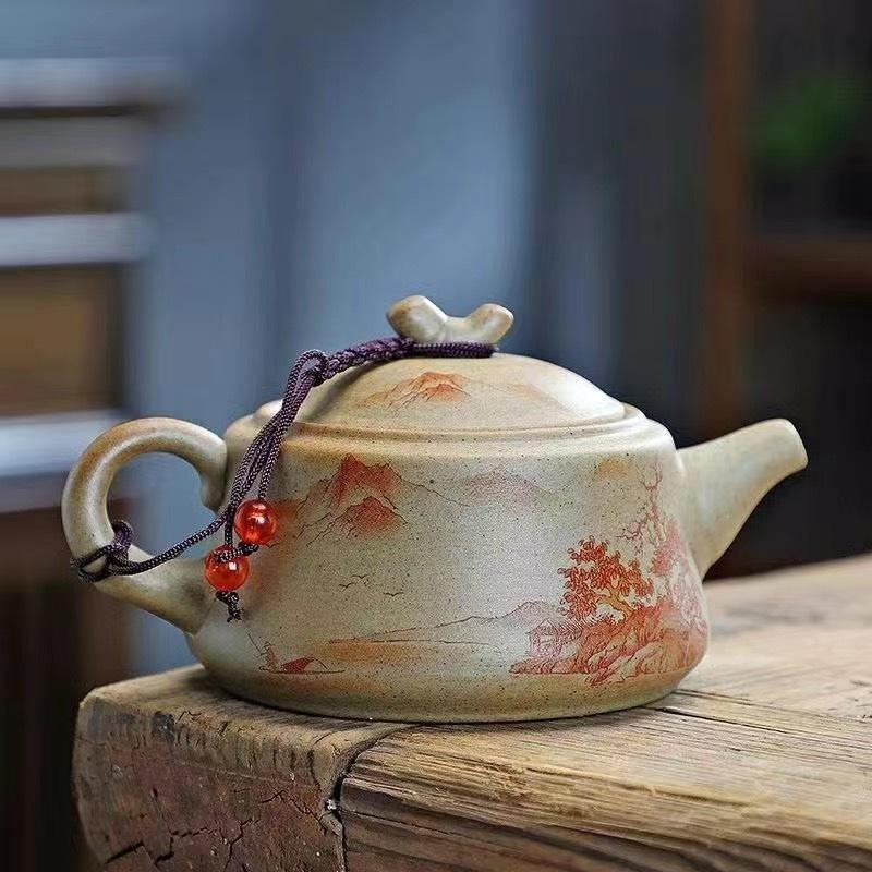 Wykwintny ceramiczny czajnik do herbaty Klasyka Chin Gruboziarnista ceramika Czajnik z uchwytem Ceramika Czajnik z drewna tekowego Czarny Zielony fioletowa glina Zestaw do herbaty z surowej rudy