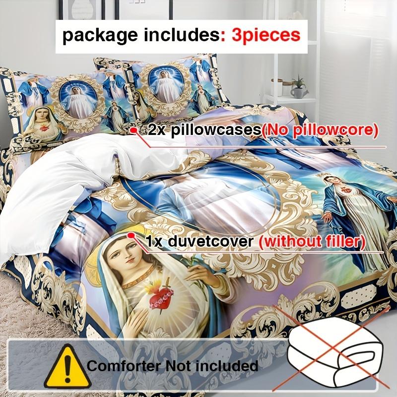 3Pcs Jesus Virgin Mary Duvet Cover Set (1*Duvet Cover + 2*Pillowcases Without Core) 3D Digital Print Bedding Set