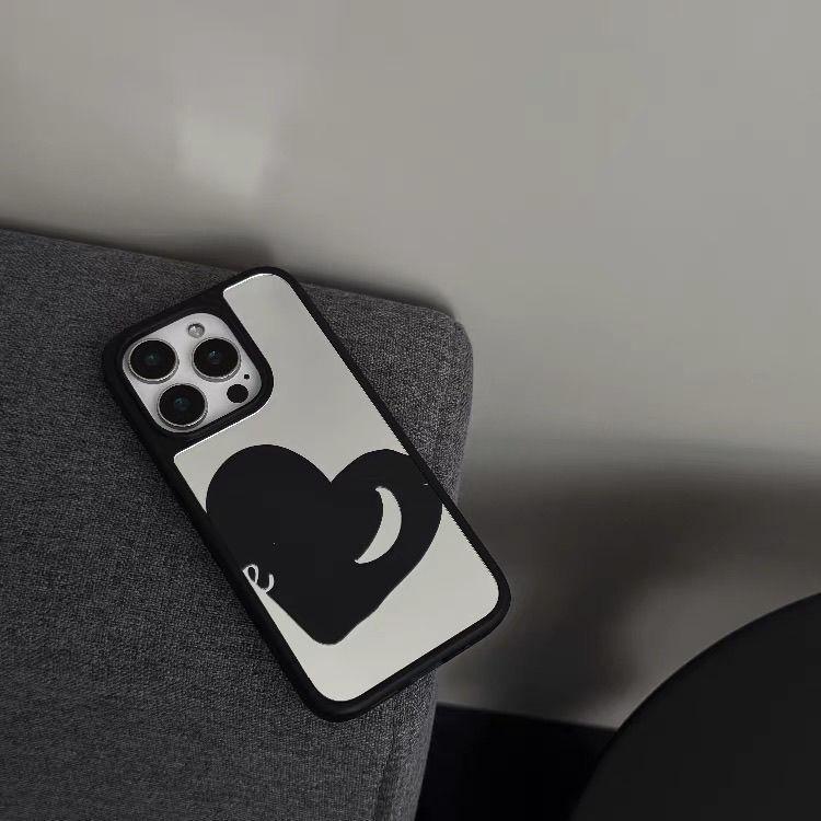 Ins Style Black Love Heart iPhone 15 Case with Mirror and Black Frame for 16 Pro Max