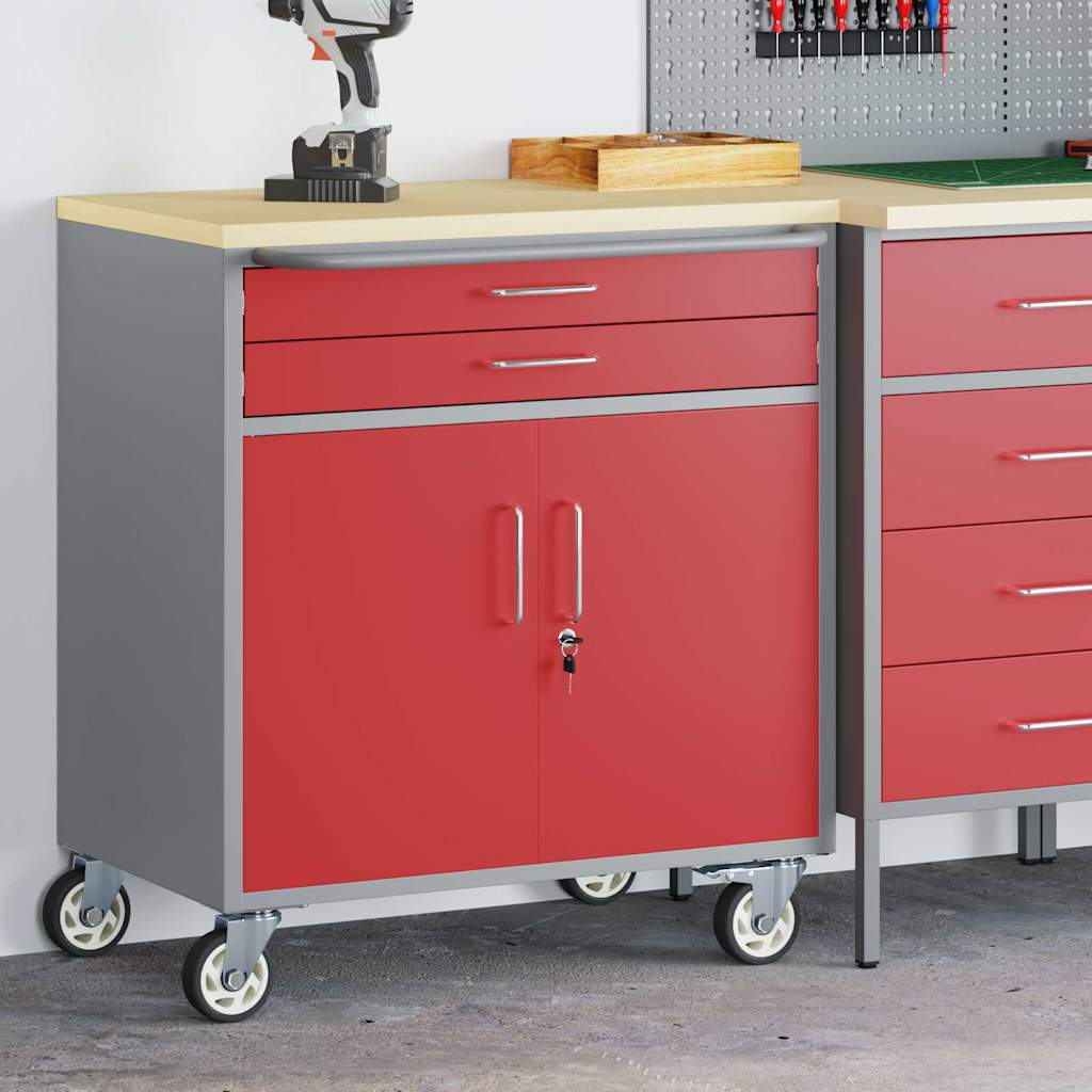 Rolling Workbench Trolley Red and Grey 75 x 45 x 85 cm