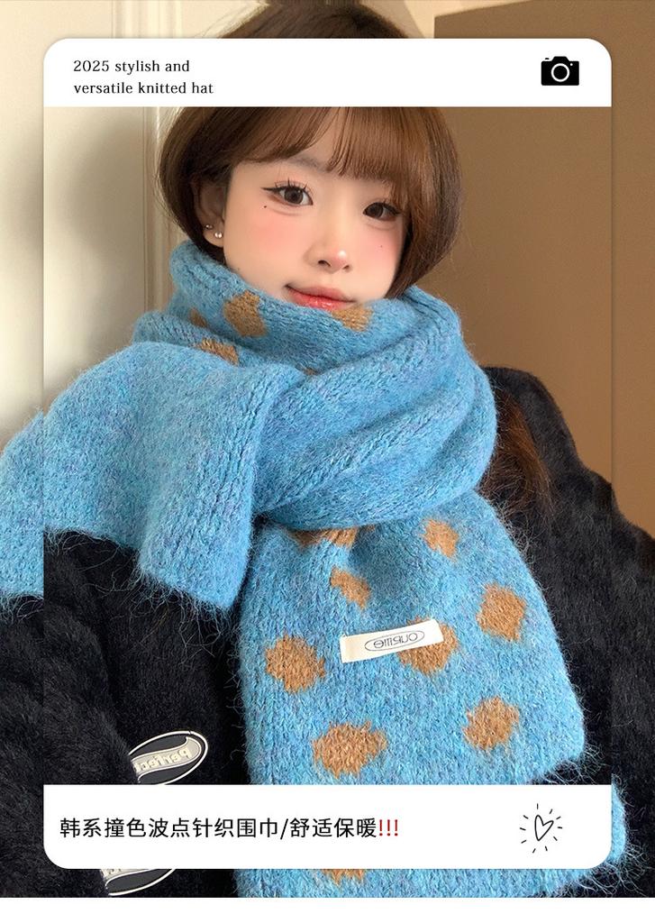 Soft Waxy White Polka Dots Blue Knitted Wool Scarf Women's Winter Warm and Cold Neck Scarf Korean High-end Sense
