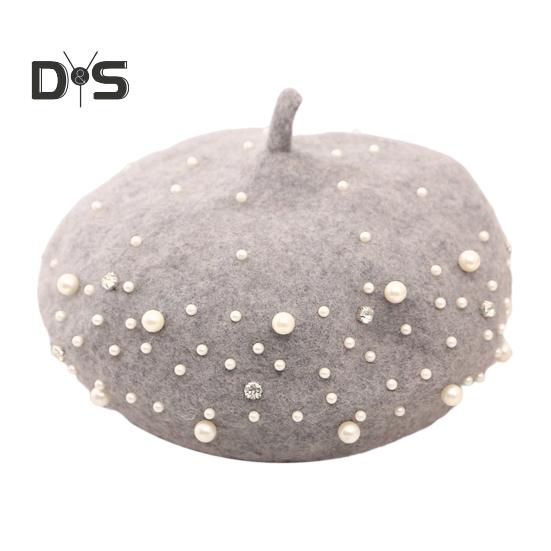 Baskenmütze für Damen, Kunstperlen, Strass-Dekor, Vintage-Wollmütze im englischen Stil, ohne Krempe, einfarbig, verstellbare Träger, Kürbismütze