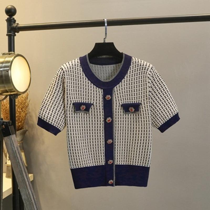 Ženy Léto Nová značka Design s výstřihem do O výstřih Diamonds Knoflík Mřížka Pletené svetry Retro Hit barva Krátký rukáv Tenký svetr