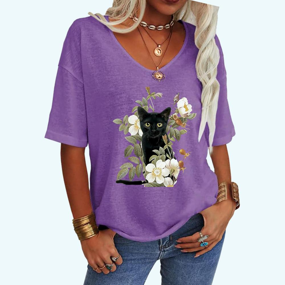 Women Fashion Cat Print Tee Shirt Casual V Neck Top Loose Short Sleeve T-shirt