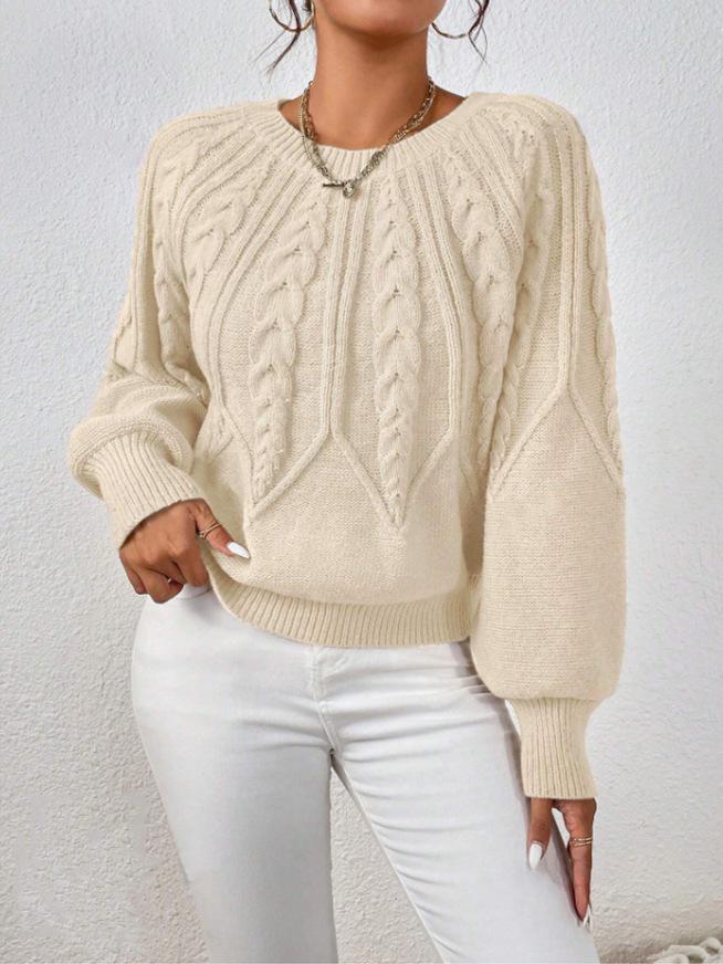 Women's Round Neck Cable Knit Sweater - Long Sleeve, Solid Color, Autumn Winter Versatile Pullover.
