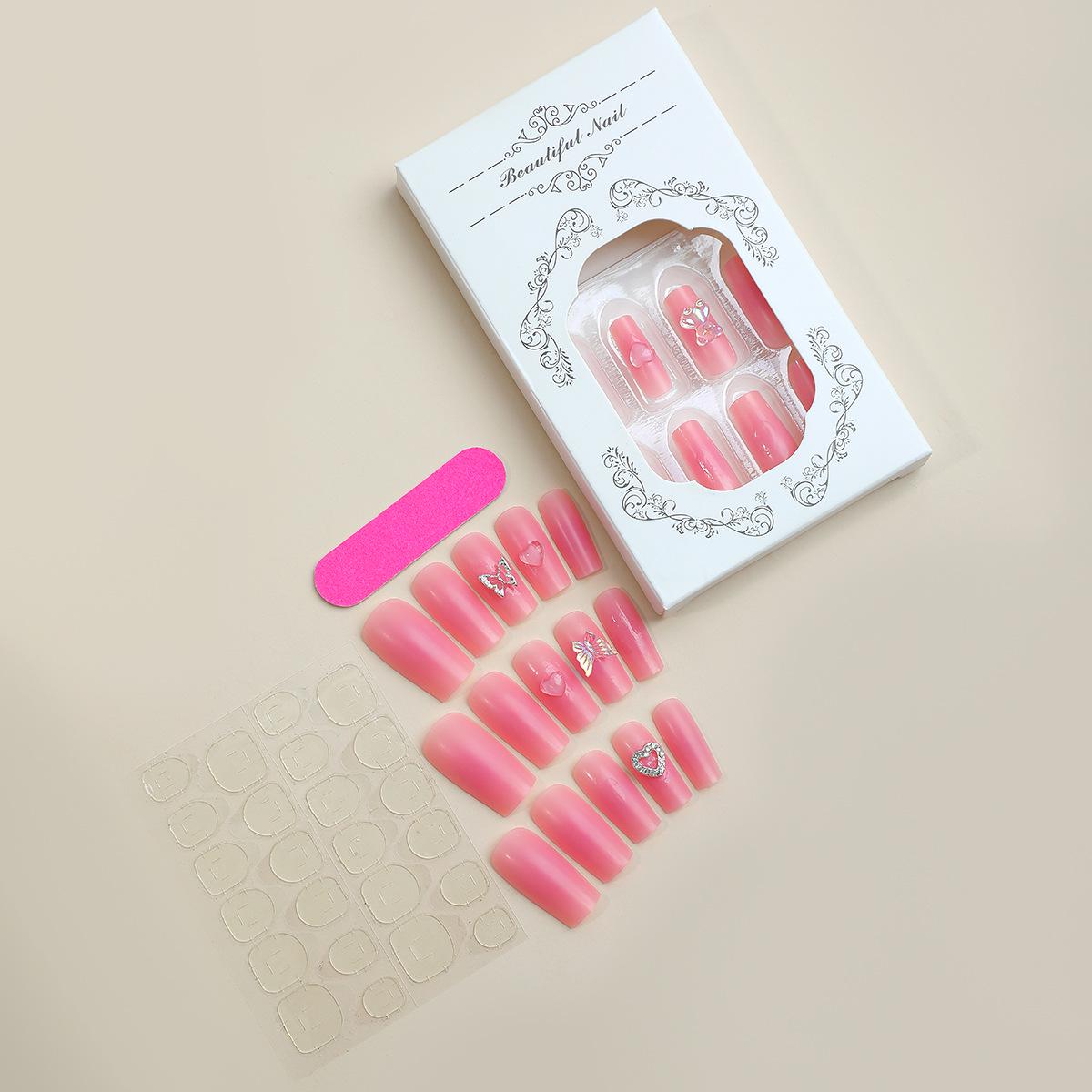 

Sweetheart Long-Lasting Pink Matte Press-On Nails with 3D Heart & Butterfly Designs