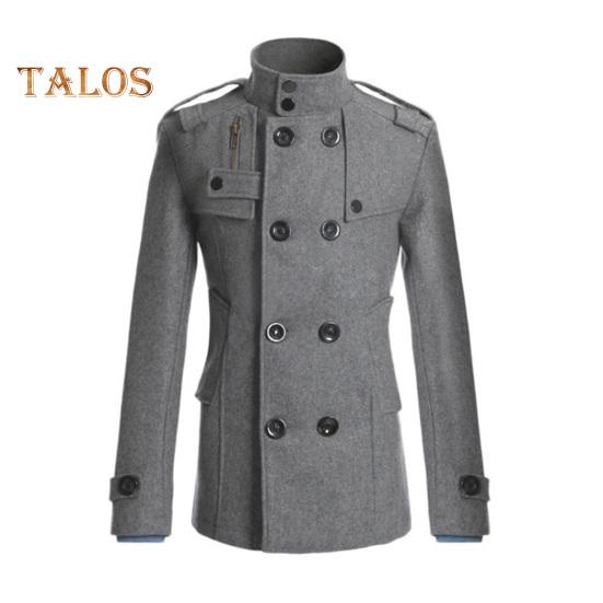 Men Woolen Coat Stand Collar Long Sleeve Windbreaker with Double-Breasted Closure Pockets Solid Color Mid-Length Outwear