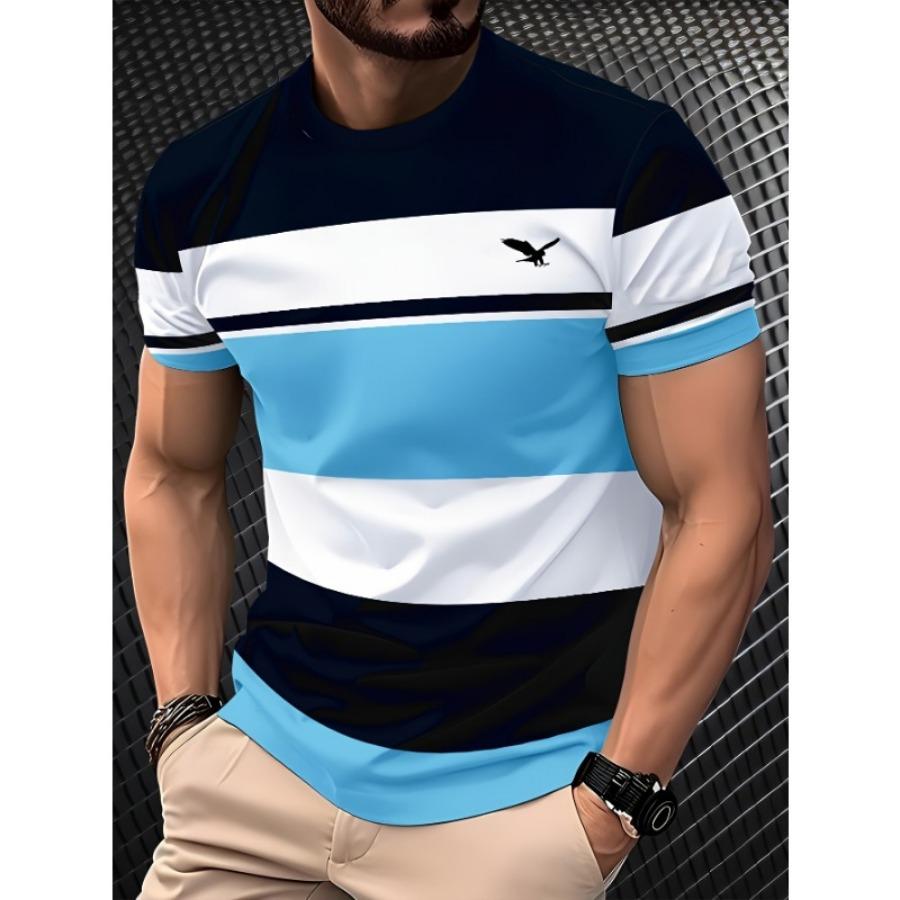 Summer Round Neck 3D Color Block Print Top Fashionable Casual Short Sleeved Men's T-shirts
