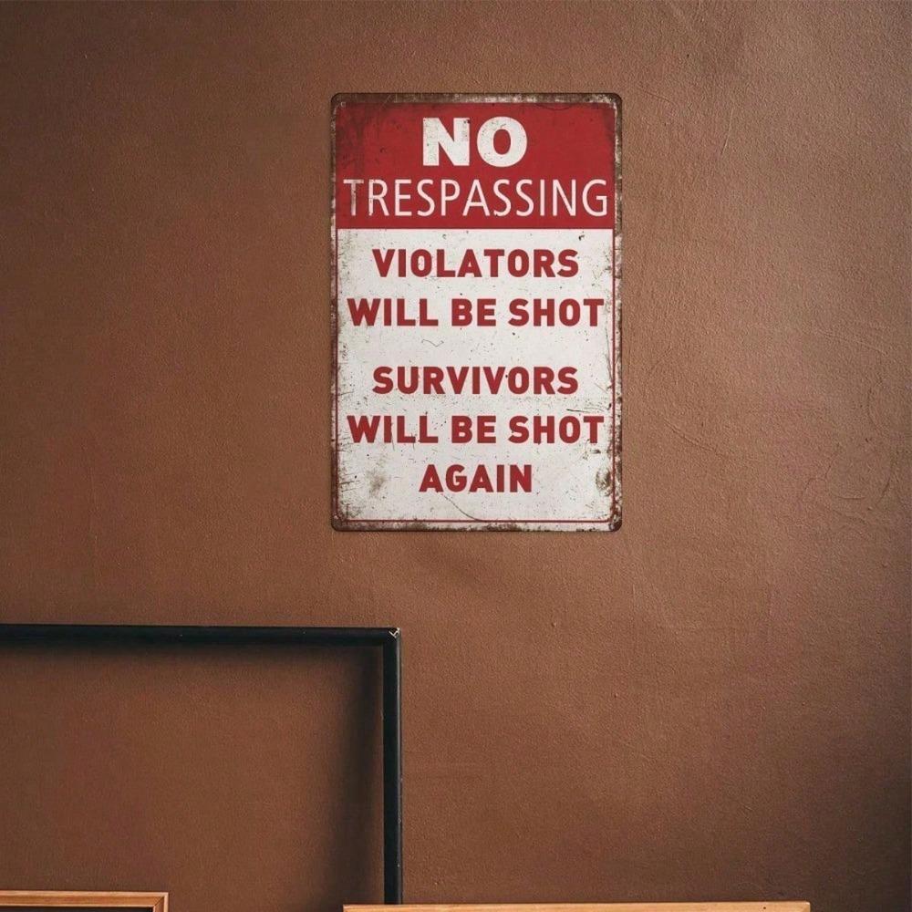 Funny No Trespassing Vintage Metal Sign, Shooting Survivors Warning Rustic Pub Decor Distressed Finish Outdoor Indoor