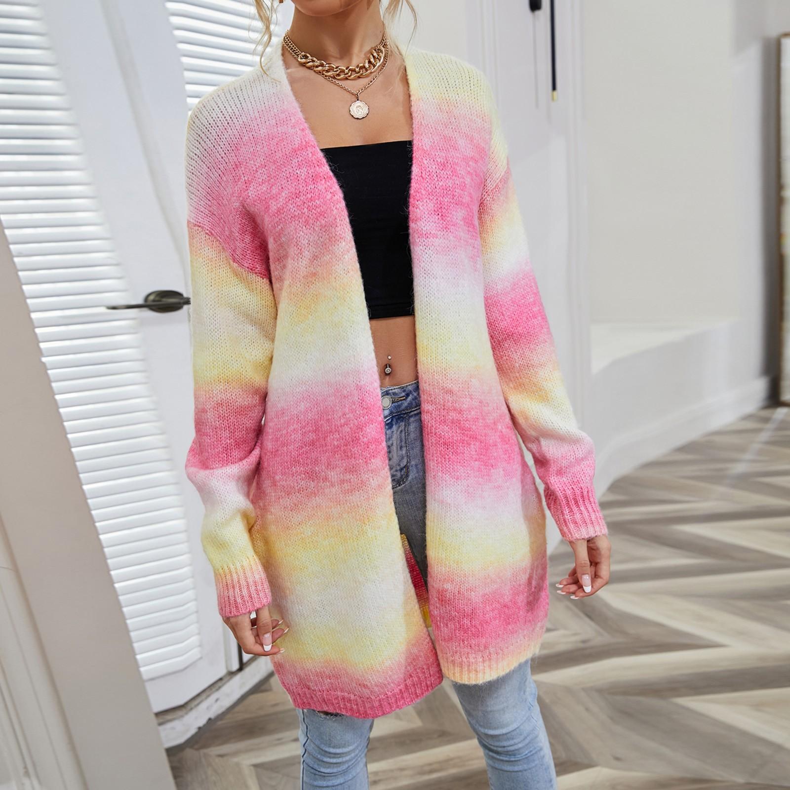 

Женский вязаный свитер средней длины с радужным принтом и карманами, пальто L