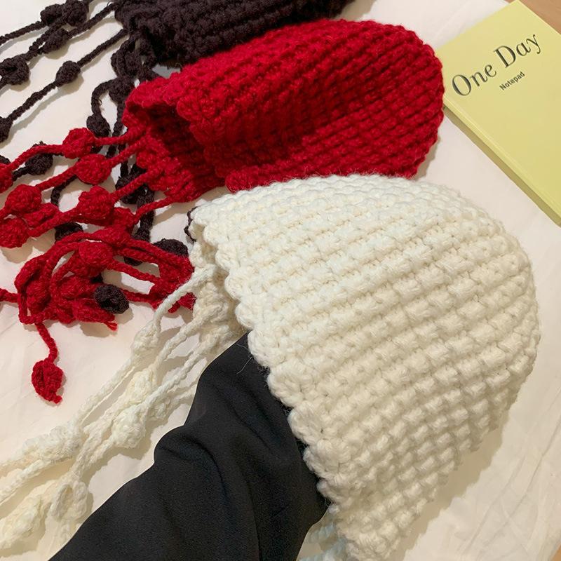 Handmade Fringed Ball Red Knitted Wool Hat Thermal Bald Hat Winter Ear Protector Tied Hat Trendy Hat Children