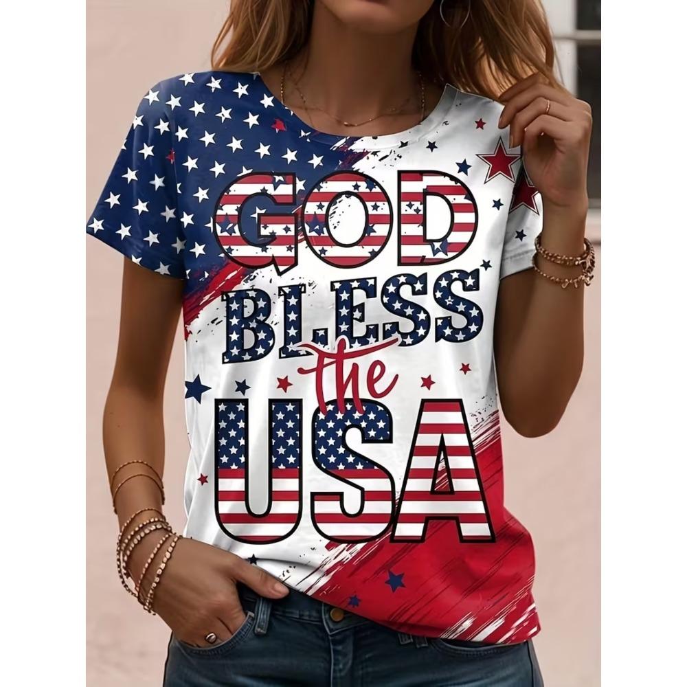 Women's American Flag & Bald Eagle Print T-Shirt Casual Short Sleeve Crew Neck Patriotic Graphic Tee for Summer