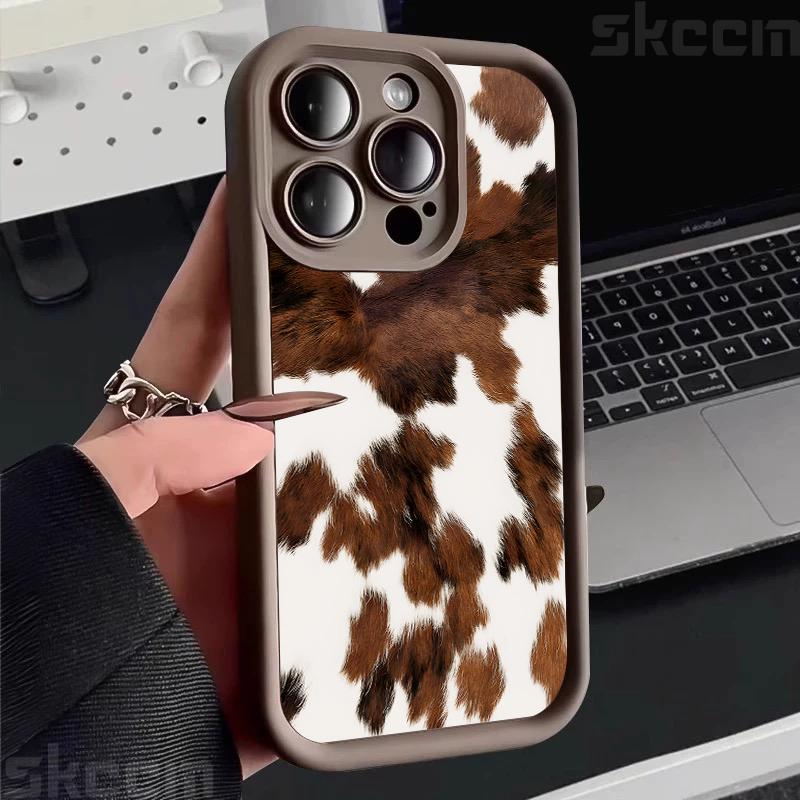 Custodia per Telefono con Fantasia Pelle di Mucca Marrone Vintage per iPhone 16 Pro Max 15 14 13 12 11 16E 7 8 Plus X XS XR Cover Morbida Antiurto Opaca